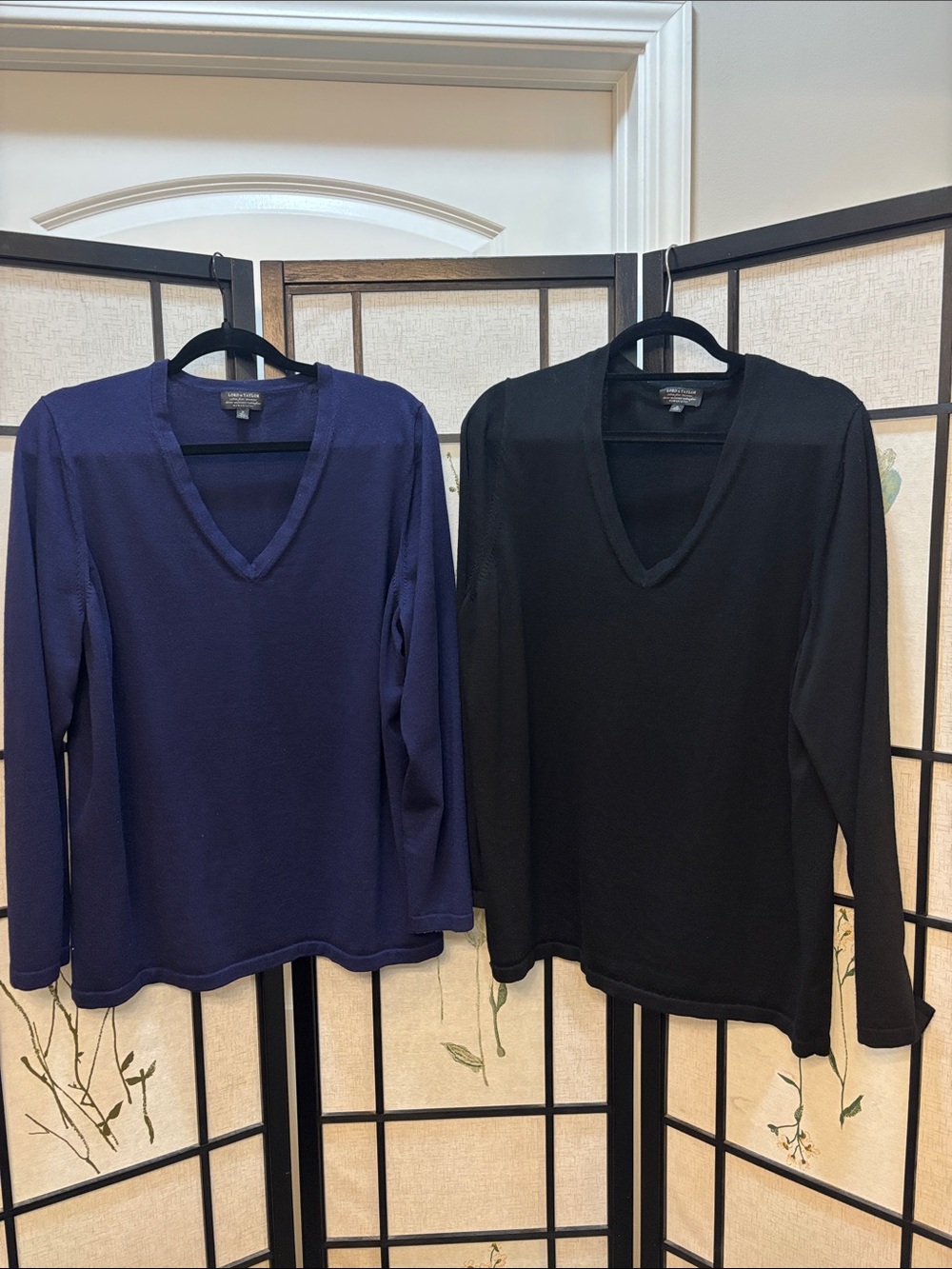 Lord & Taylor V-Neck Long Sleeve Tops - Navy & Black Duo